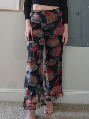 Lisa Says Gah Sheer Dessert Print Wide Leg Pants Ruffle Hem Statement Trousers